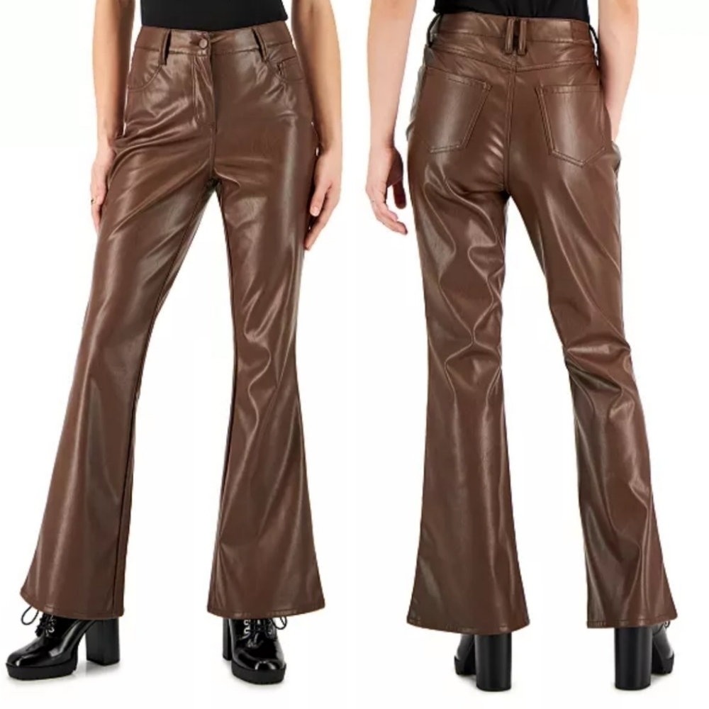 NWT Dollhouse Glossy High Rise Faux-Leather Flare Jeans in brown